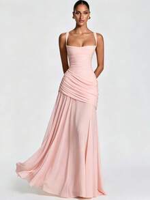 Elegant Women's Casual Party Dresses, Solid Color Strapless Sleeveless Fitted Waist Full Skirt European American Style Prom Dress - 紅色 - 查看 2