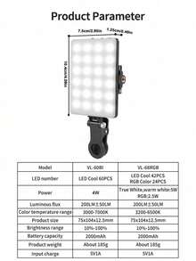 Fill-lights 60 LED de alta potencia recargable con clip, diseño de clip frontal y trasero, 3 modos de iluminación ajustables, adecuado para teléfonos inteligentes, Android, computadoras portátiles, maquillaje, selfie, vlog, adecuado para selfie y transmisión en vivo, luz de selfie portátil, capacidad de la batería: 2000mAh - Multicolor - Ver 11