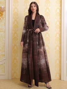 Middle Eastern Brown Printed Pleated Robe, Dubai-Style Elegant Plus-Size Coat, Arabian Women's Cardigan, Kafta (Exclusive Style). Z502 Vacation Fall - Brown - View 8
