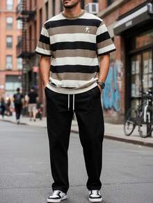 Men's Autumn/Winter Casual Versatile Color-Block Wide Stripe Short Sleeve & Long Pants Set - Multicolor - View 1