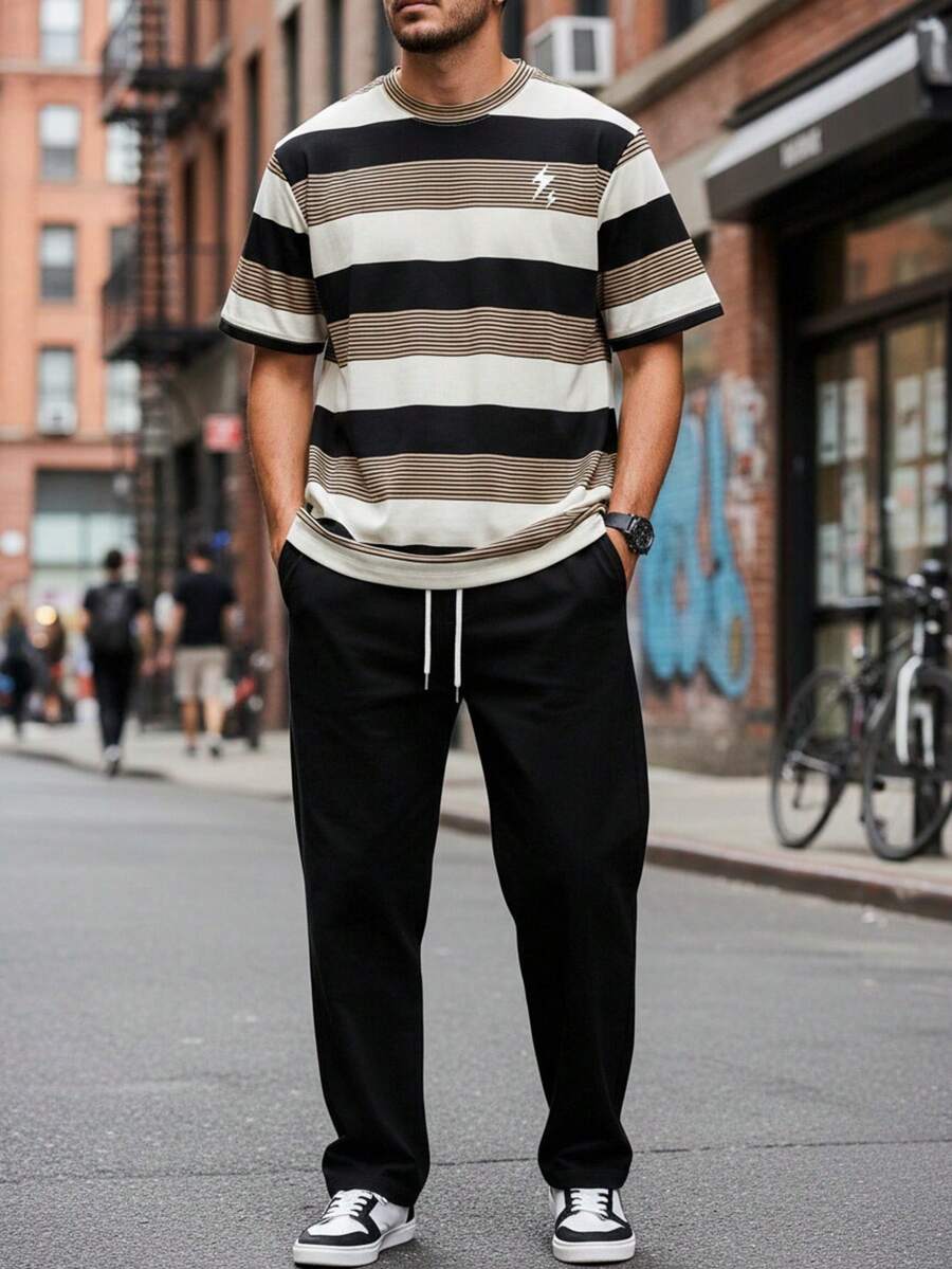 Men's Autumn/Winter Casual Versatile Color-Block Wide Stripe Short Sleeve & Long Pants Set - Multicolor - View 1