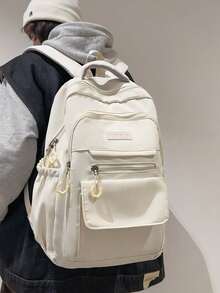 Mochila minimalista blanca crema para estudiantes, mochila de nylon suave con múltiples bolsillos y etiqueta de parche de cuero para la escuela & el transporte diario - Multicolor - Ver 7