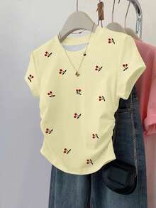 Resyla Versatile Short Sleeve Blouse With Gathered Waist, All-Over Cherry Print, For Summer - Light Yellow - View 1