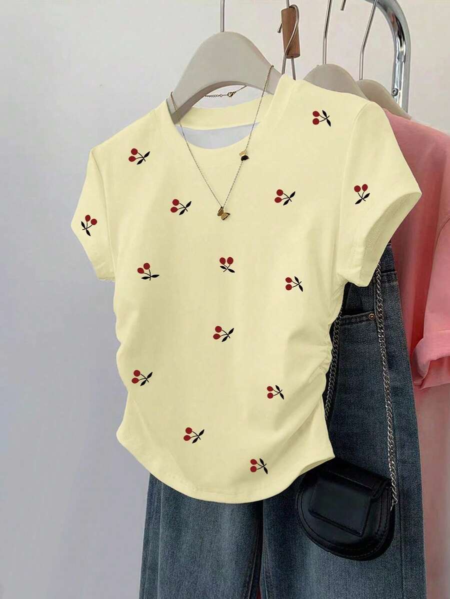 Resyla Versatile Short Sleeve Blouse With Gathered Waist, All-Over Cherry Print, For Summer - Light Yellow - View 1