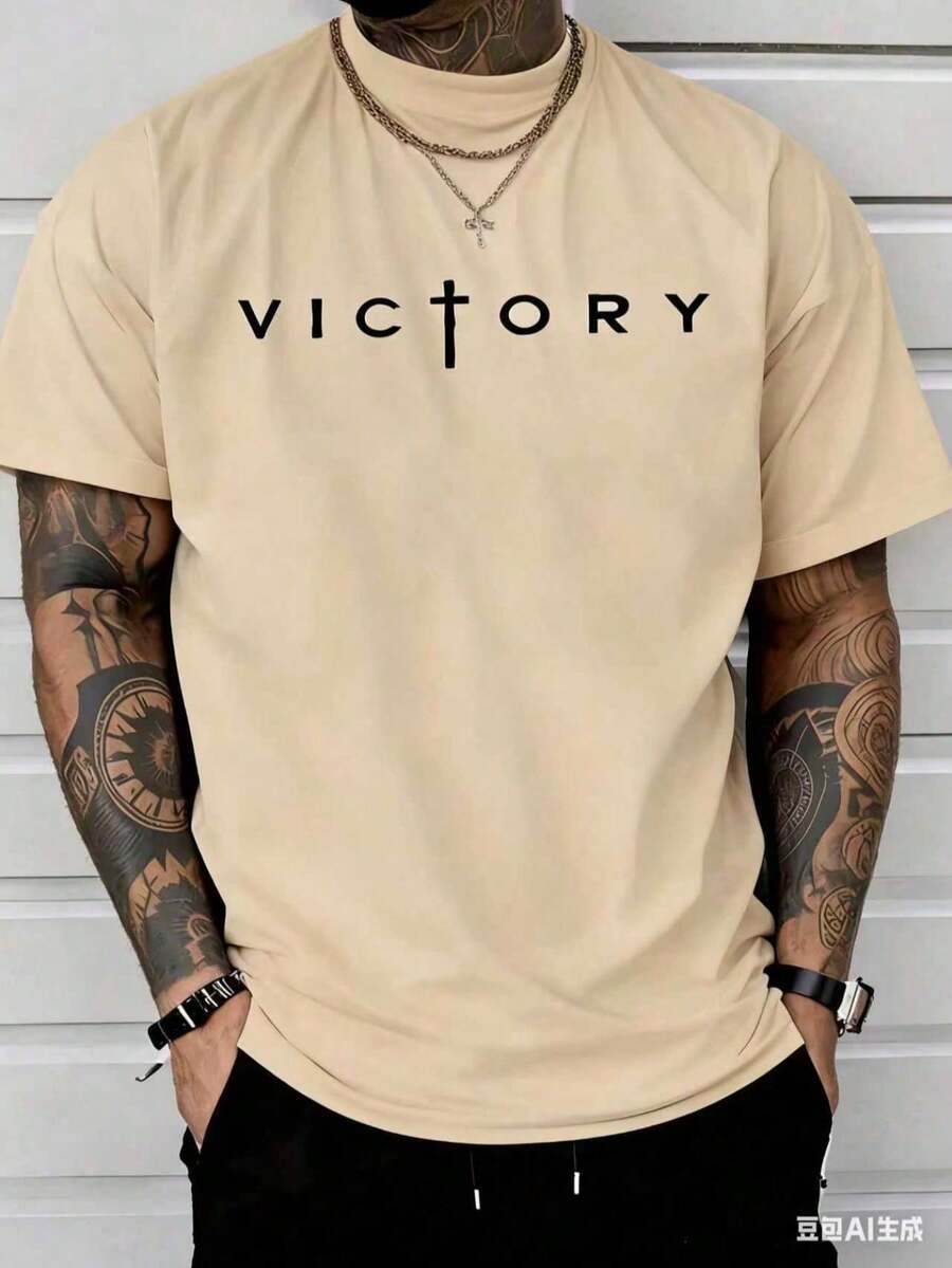 Men's Fashionable Short Sleeve T-Shirt PAYEAH Men's Letter Print T-Shirt, Crew Neck, Short Sleeve, Summer T-Shirts, 100% Comfortable Cotton - 軍綠色 - 查看 1