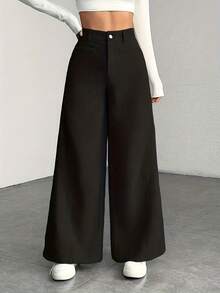 Women's High Waist Wide Leg Trousers - Corduroy Texture, Casual Pants, Comfortable For All Seasons, Machine Washable - Hitam - View 1