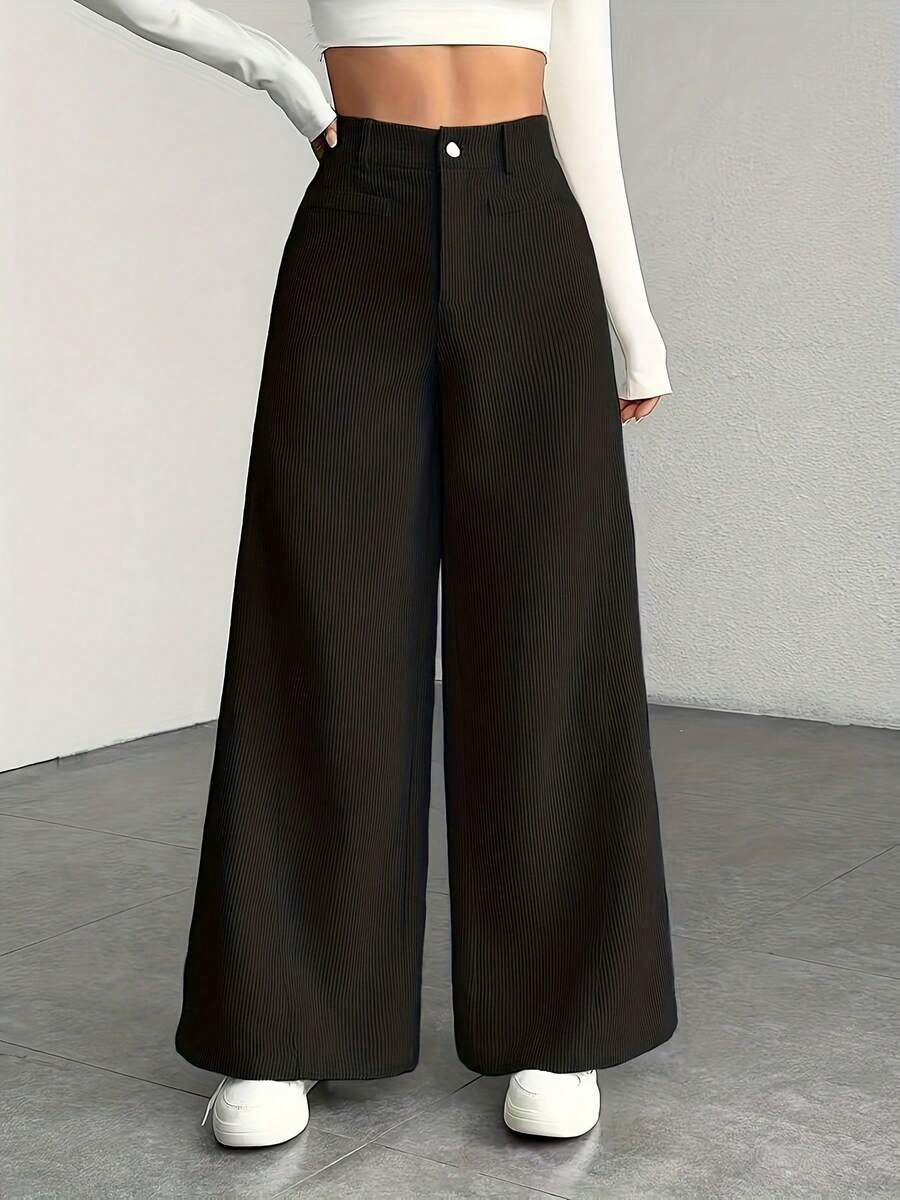 Women's High Waist Wide Leg Trousers - Corduroy Texture, Casual Pants, Comfortable For All Seasons, Machine Washable - Hitam - View 1