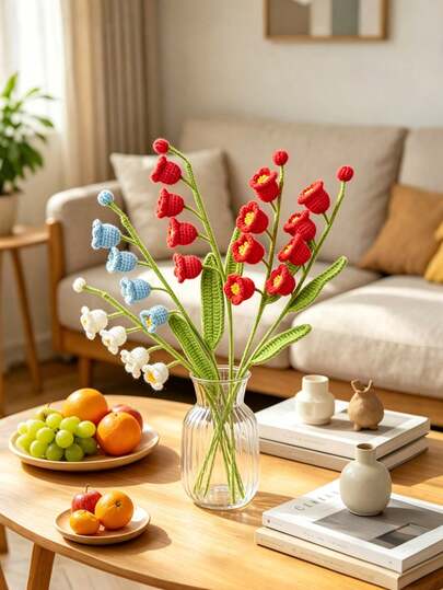 Handmade Crocheted Lily Of The Valley Stems, Multi-Color Knitted Bell-Shaped Flowers, Permanent Non-Fresh Flower Gift, Bohemian Table Decor Yarn Flowers, Vase Home Decor Crocheted Flowers, Durable Artificial Lily Of The Valley, Handmade Woven Flower Bouquet Gift