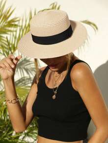 Natural Brown Wide Brim Straw Fedora Hat With Black Ribbon, UV Protection Sun Hat - Multicolor - View 1