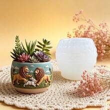 SUPWANPENG 2 Male Lions Fighting/Lion Hunting Rabbit/King Of The Savanna/Savanna Overlord Lion Shaped Flower Pot Pen Holder Pen Stand Candle Cup Makeup Brush Holder Silicone Mold, Suitable For DIY Resin Plaster Clay Concrete Cement Crafts Silicone Mold, Easy Demolding, Perfect For Various Holiday Gifts And Home Decor - A - View 1
