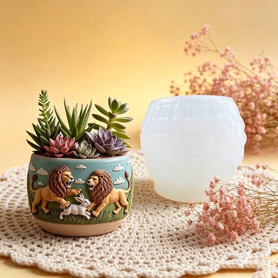 SUPWANPENG 2 Male Lions Fighting/Lion Hunting Rabbit/King Of The Savanna/Savanna Overlord Lion Shaped Flower Pot Pen Holder Pen Stand Candle Cup Makeup Brush Holder Silicone Mold, Suitable For DIY Resin Plaster Clay Concrete Cement Crafts Silicone Mold, Easy Demolding, Perfect For Various Holiday Gifts And Home Decor - A - View 1