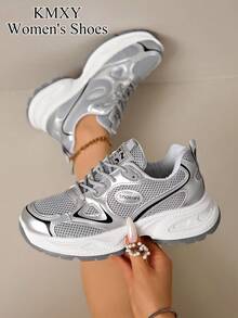 KMXY Women's All-Season New Sports Thick-Soled Sneakers, Mesh Breathable Thick-Soled Low-Top Wedge Casual Shoes, Lightweight Versatile Fashion Lace-Up White Sports Shoes - Silver - View 2