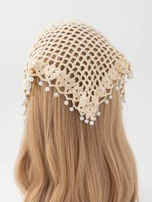 Conjunto 2 em 1 para mulher com chapéu de croché feito à mão decorado com pérolas e lenço triangular, bandana de malha fina vazada, estilo boémio, para primavera/outono, adequado para praia, viagens e uso diário - A - Ver 4