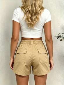 Women's Solid Color Casual Versatile Multi-Pocket Cargo Shorts Summer - Khaki - View 2