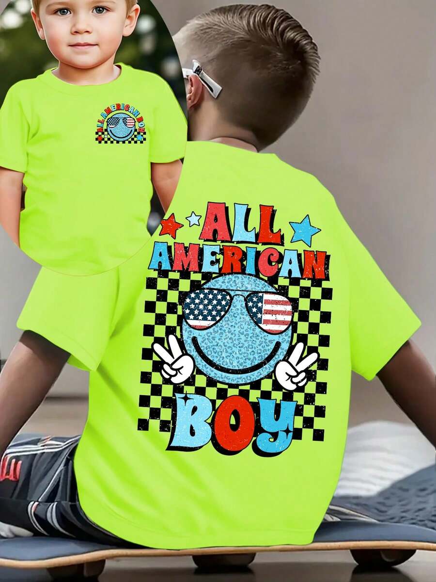 Fashionable Short-Sleeved T-Shirt For Boys 'American Independence Day' 'ALL AMERICA BOY' With Plaid Elements And Double-Sided Cartoon Print, Casual Outdoor Top - 粉色 - 查看 1