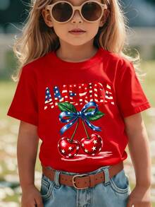 Camiseta de manga corta para niñas de moda de verano 'Día de la Independencia Americana' con elementos de la bandera americana 'AMERICA', estampado de dibujos animados de letras, lazo y cere - Rojo - Ver 1