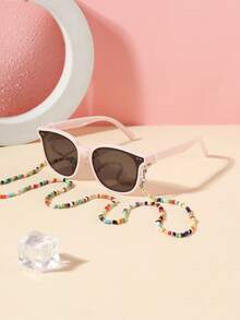 1 Set 1 pieza Gafas de moda cuadradas casuales para niños de 5-9 años, marco de PC rosa & blanco con lentes grises, con 1 pieza de cadena de gafas con cuentas, adecuadas para uso diario al aire libre, incluye estuche de gafas - Multicolor - Ver 8