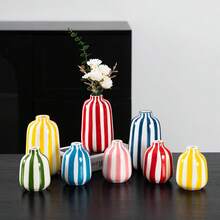 1pc 3.6 Inch Mini Striped Ceramic Vase, Vibrant Colors, Suitable For Office Desk, Window Sill, Living Room And Entryway Table, Home Decor Ornament, Perfect Gift - Multicolor - View 3