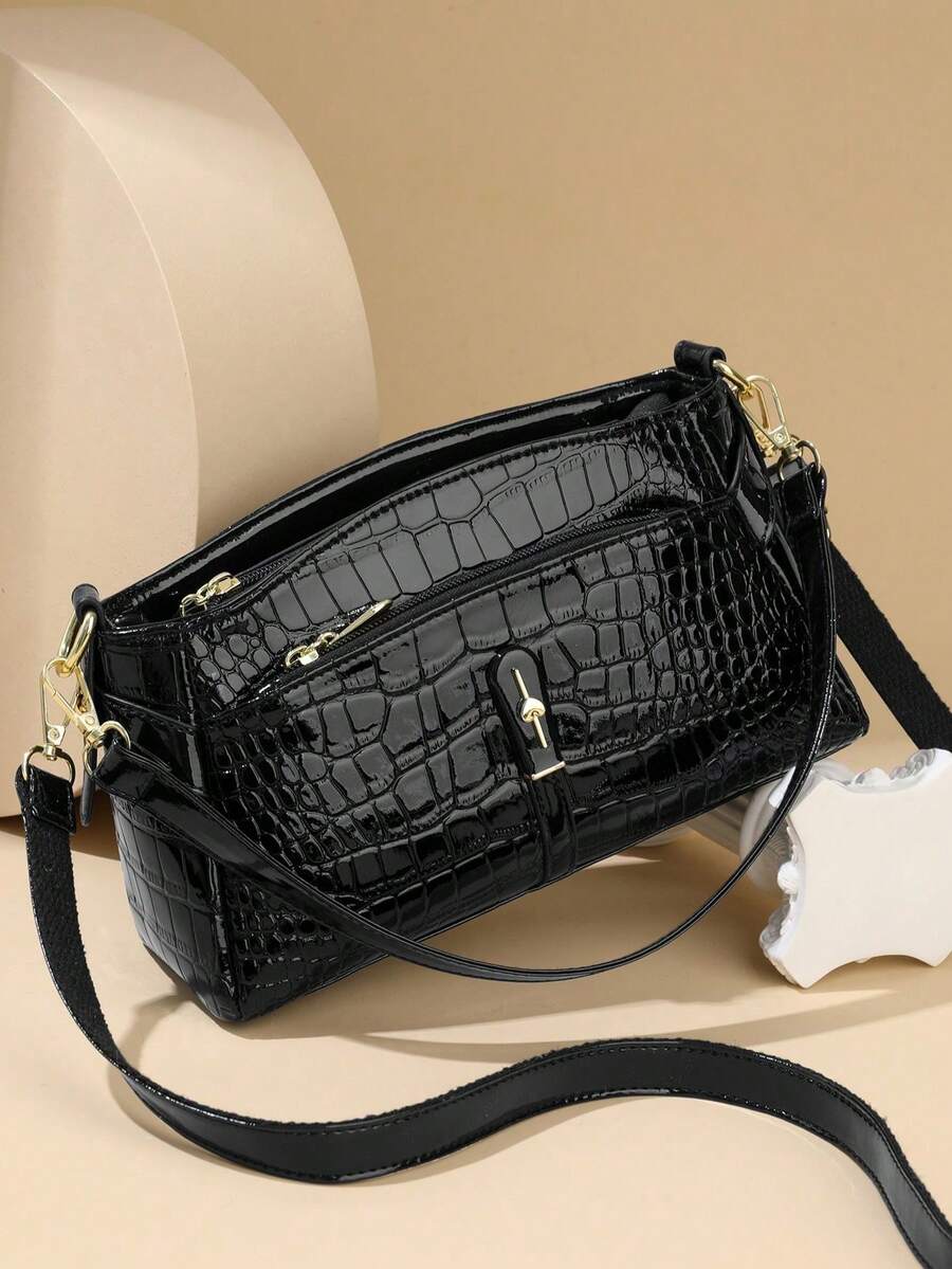 Retro Minimalist Printed Crossbody Bag With Adjustable PU Strap, Flap Closure , New Year - Gris - Ver 1