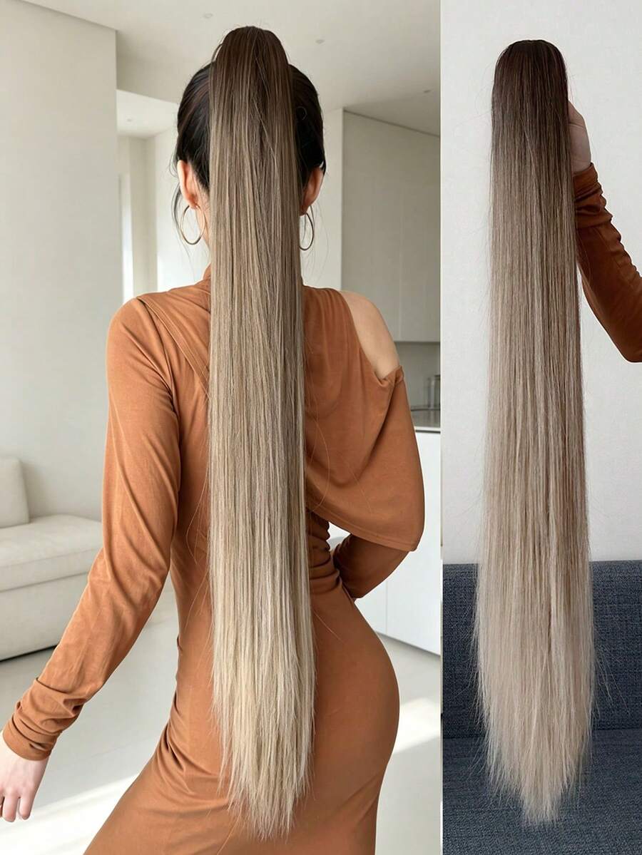 32 Inch Chocolate Wine Red Long Straight Ponytail Hair Extensions, Classic Loose Clip-In Ponytail Extensions For Women - Brown Ombre - View 1