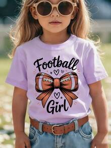Girls' Short-Sleeved T-Shirt, Summer Style, With "Football Girl" Inscription, Rugby , Bow Print, Versatile Casual Top NY-DX9381 - Purple - View 1