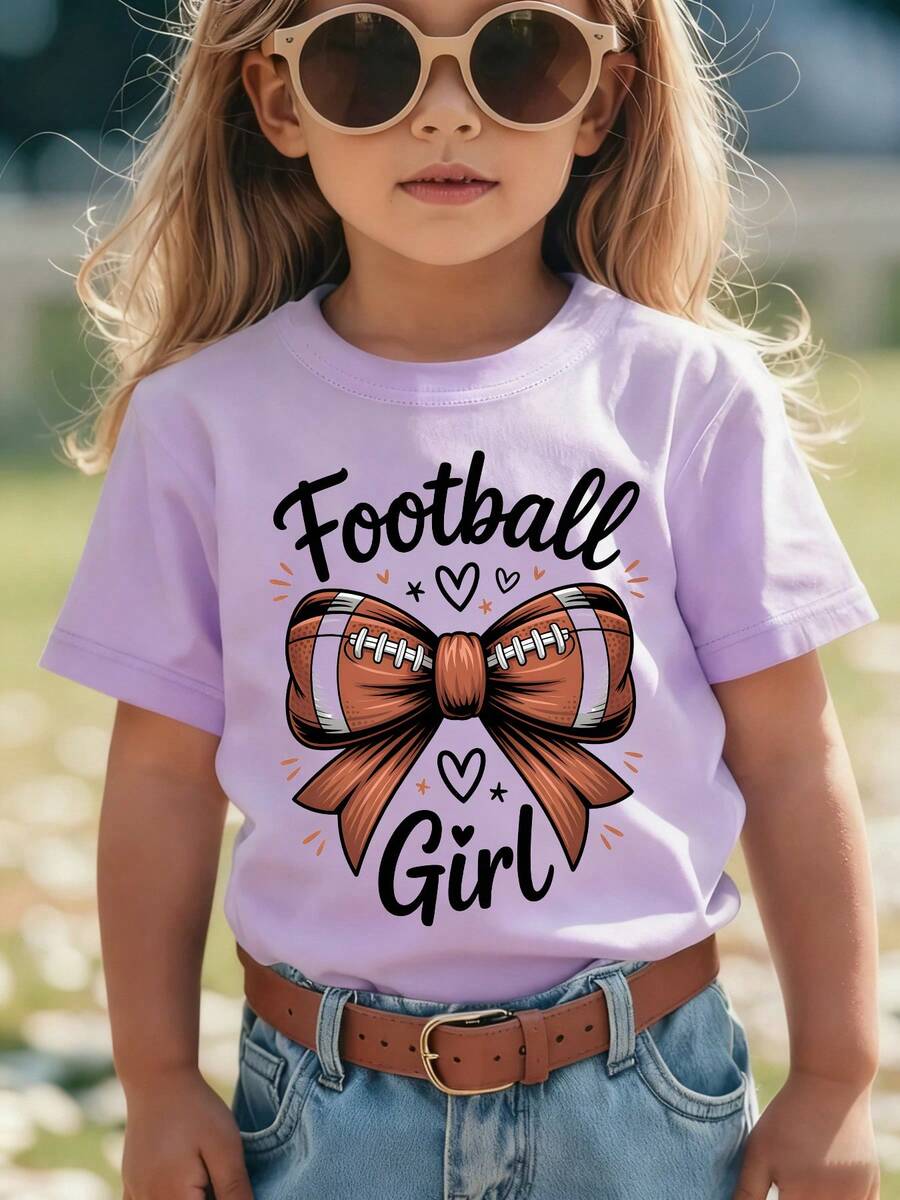 Girls' Short-Sleeved T-Shirt, Summer Style, With "Football Girl" Inscription, Rugby , Bow Print, Versatile Casual Top NY-DX9381 - Purple - View 1