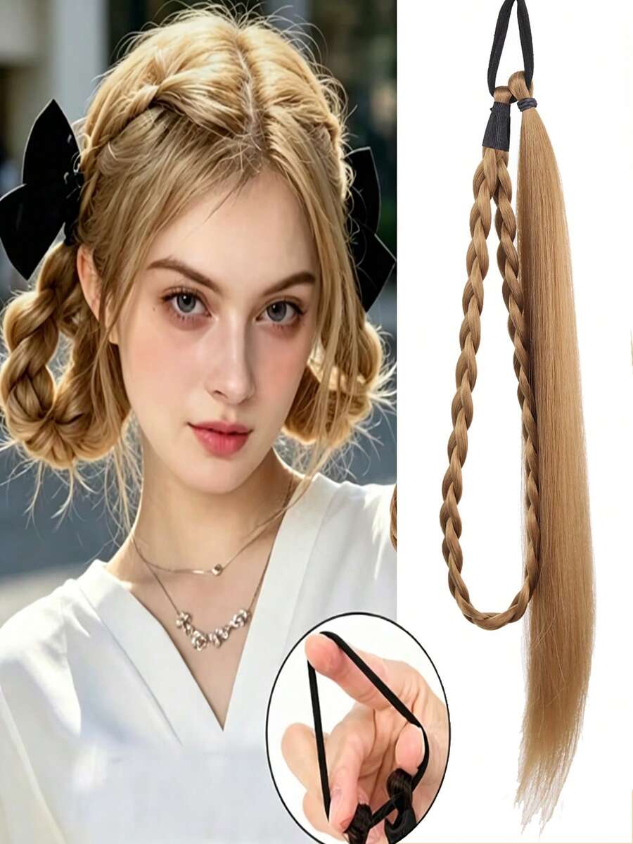 Women's Pre Braided Ponytail Hair Extensions, Handmade Synthetic Braids With Elastic Hair Tie, 2 Styles Single & Double Braided Pigtail Hairpieces For Daily Party Festival, Halloween