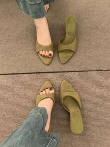 Women's Pointed Toe Wedge Slide Sandals, New Summer Slip-On Slippers, Niche Design High Heel Shoes - Dark Green - View 6