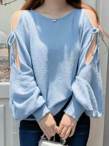 European Style Batwing Sleeve Sweater For Spring/Summer, Loose Top With V-Neck And Lantern Sleeves. - Sky Blue - View 2