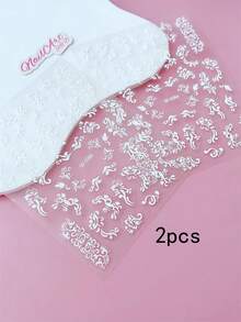 2pcs 3D/5D Embossed Relief Nail Stickers, Nails, DIY Decorations, Featuring White Baroque Lace Vine And Scroll Floral Patterns, Perfect For Creating Baroque Retro Court Style, European Relief Light Luxury Style, And French Lace Bridal Manicure Art - Multicolor - View 4