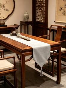 Camino de mesa minimalista de color gris puro con textura y ribete de borlas, tela decorativa de estilo moderno neutro para mesa de comedor, adecuada para todas las estaciones, aplicable a mesa de comedor, mesa de café, consola de entrada, tocador y entrada - Ceniza - Ver 9