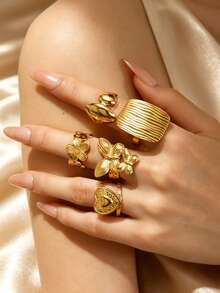 5pcs Summer Elegant Stainless Steel Women's Ring Set, Double Butterfly/Heart/Flower/Geometric Combination, Suitable For Daily Wear, Date, Party, Holiday Accessory, Open Adjustable - Gold - View 4