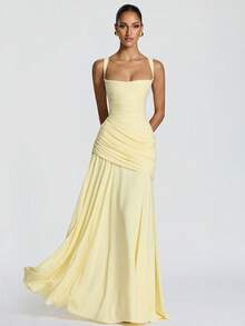 Elegant Women's Casual Party Dresses, Solid Color Strapless Sleeveless Fitted Waist Full Skirt European American Style Prom Dress - 黃色 - 查看 11