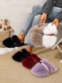 Fashionable Versatile Long Fur Faux Thermal Lined Warm Slippers With Buckle Closed Toe Non-Slip Sole For Indoor And Outdoor Wear - Khaki - View 7