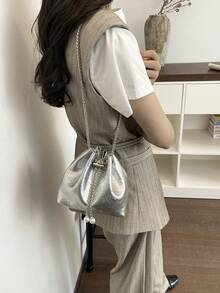 迷你水桶包，復古圖案，抽繩封口，斜挎包，派對與休閒，極簡設計，單肩包，斜挎包，背包，多種攜帶方式 - 銀色 - 查看 6