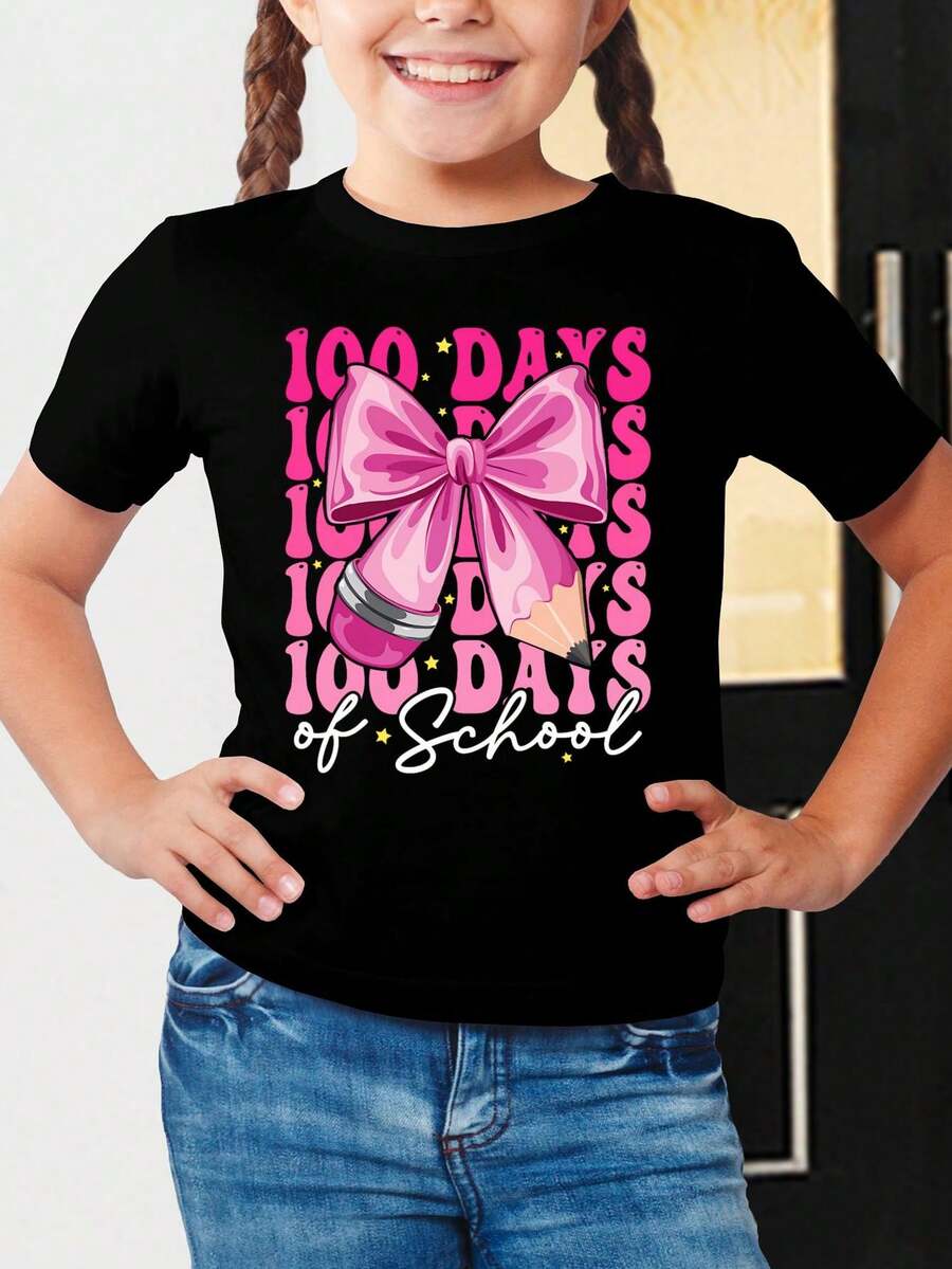 Camiseta de Niños con Estampado de lazo y Lápiz 100 Days of School para Celebrar el día de los 100 días de clases - Negro - Ver 1