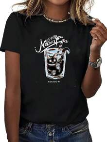 Unisex T-Shirt, Unisex T-Shirt, - - Wo'S Japanese Anime Kawaii| Soft And Breathable T-Shirt With Cute Drinking Cat Design With Nekoaf Text, Casual Short-Sleeved Top With Round Neck - 黑色 - 查看 1