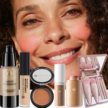 YOUNG VISION 10-Piece Facial Makeup Sets: 1 Tube Of Dark Matte Long-Wearing Foundation & 1 Concealer & 1 Blush Stick & 1 Contour Liquid & 1 Waterproof And Sweat-Proof Matte Bronze Contour Powder & 5 Facial Makeup Brushes For Makeup Sets - 彩色 - 查看 11