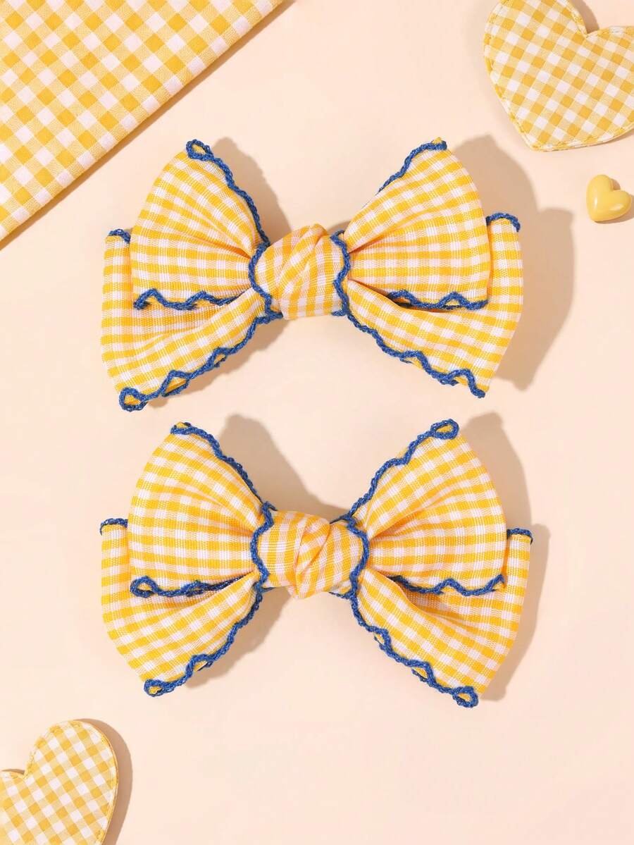 2pcs Yellow Plaid Wavy Edge Bow Hair Clips, Cute Sweet Hair Accessories, Back To School Hair Clips, Teen Daily Hair Clips - Yellow - View 1