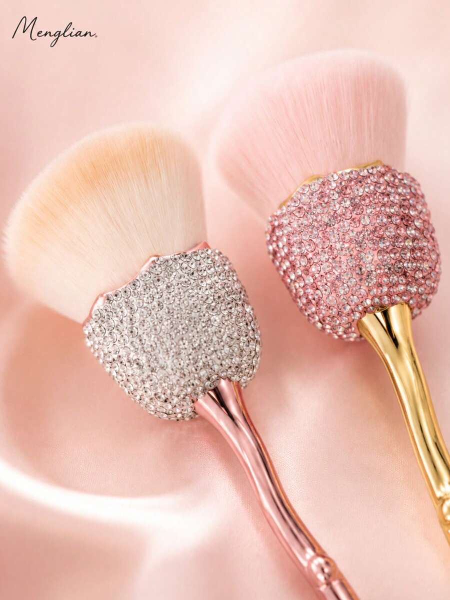 1PC Rhinestone Fan Makeup Brush, Soft Fluffy Powder & Highlighter Brush With Bling Handle, Face Brush For Blush, Bronzer, Setting & Summer Travel Makeup - Multicolor - View 1