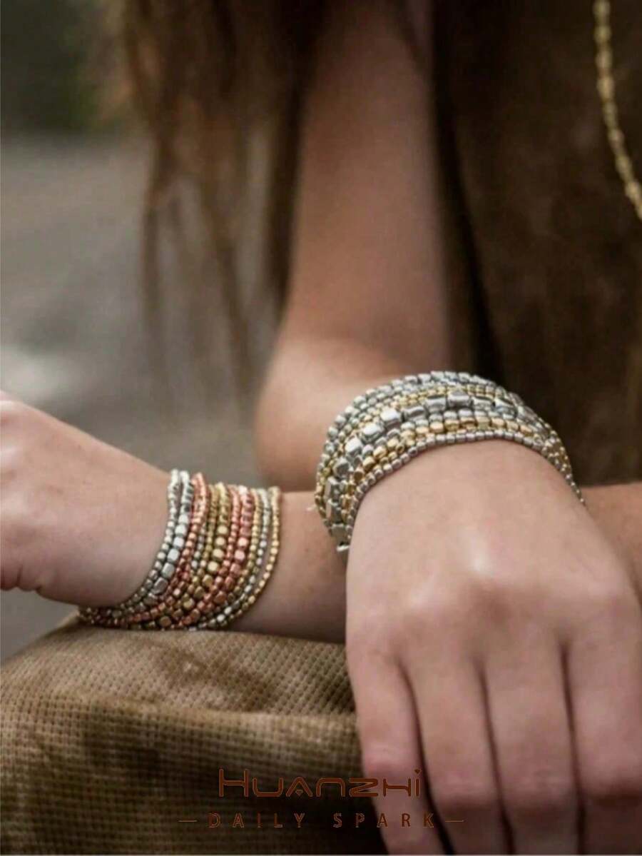2 Elastic Cord Bracelets With Gold And Silver Color Blocks, European And American Style, 5-Piece Set, Simple And Versatile INS Style, Fashionable Bracelets For Everyday Wear - Multicolor 2 - View 1