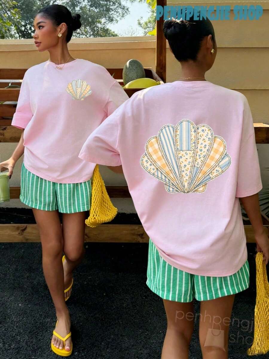 Women's Oversized T-Shirt With Seashell Design, Coastal Style, Casual Summer Tops, Clothing For 4th Of July, Graduation, Teacher's Clothing, Women's Summer Vacation - 嬰兒粉 2 - 查看 1