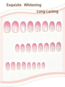 Instantly Elevate Your Look 24pcs Short Oval Press-On Fake Nails Peach Pink Gradient Glass Bead Cat Eye Full Coverage Nail Stickers Includes 1pc Jelly Glue And 1pc Nail File Suitable For Women And Girls Daily Work Dating Shopping And Party Use - Multicolor - View 2