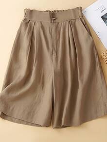 Pantalones holgados de lino de pierna ancha con cinco puntas, nuevo estilo de verano para mujer, shorts casuales holgados de cintura alta y semielásticos. - Caqui - Ver 1