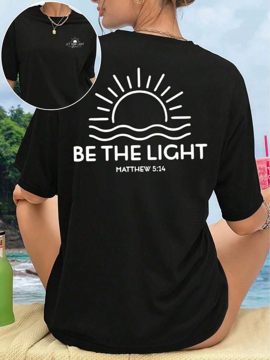 Be The Light Graphic T-Shirt, 180 G/M² Cotton T-Shirt With Double-Sided Print, Round Neck, Casual And Fashionable Style For Women (1 Piece) - 黑色 - 查看 1