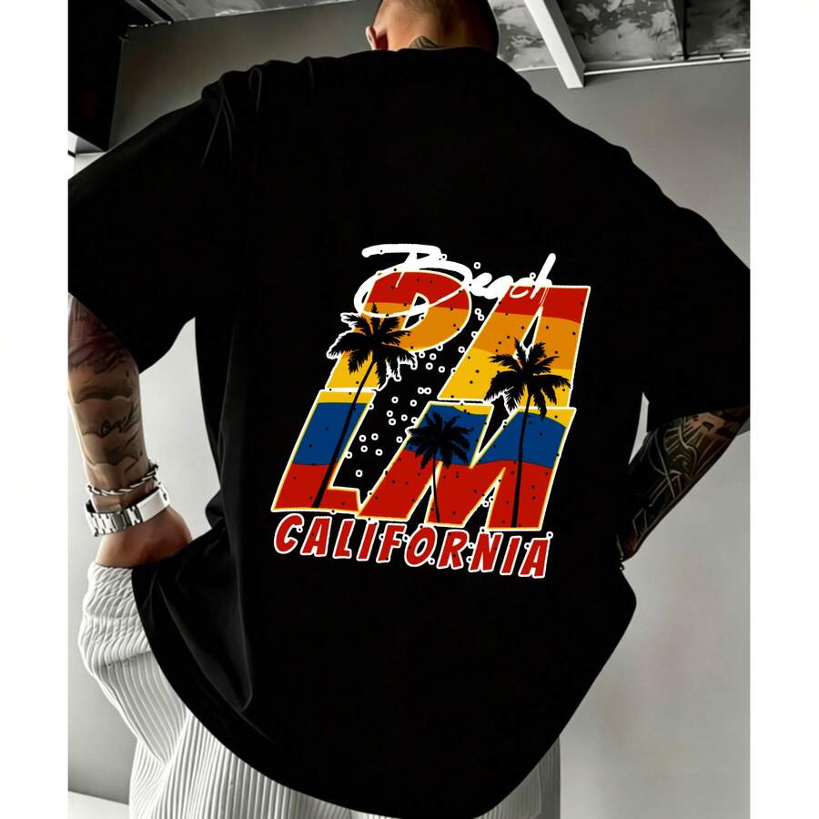 Hombre, Estilo California con Palmeras y Bandera, Camiseta, Negro con Diseño Multicolor, Corte Amplio, Cuello Redondo, Manga Corta, Para Verano y Ocio, Algodón Suave - Negro - Ver 1
