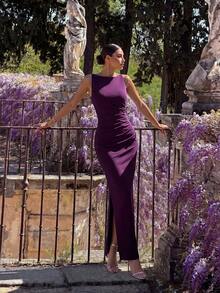 ADYCE Elegant Boat Neck High Waist Pleated Side Slit Floor Length Party Maxi Dress Fall Wedding - Dark Purple - View 5