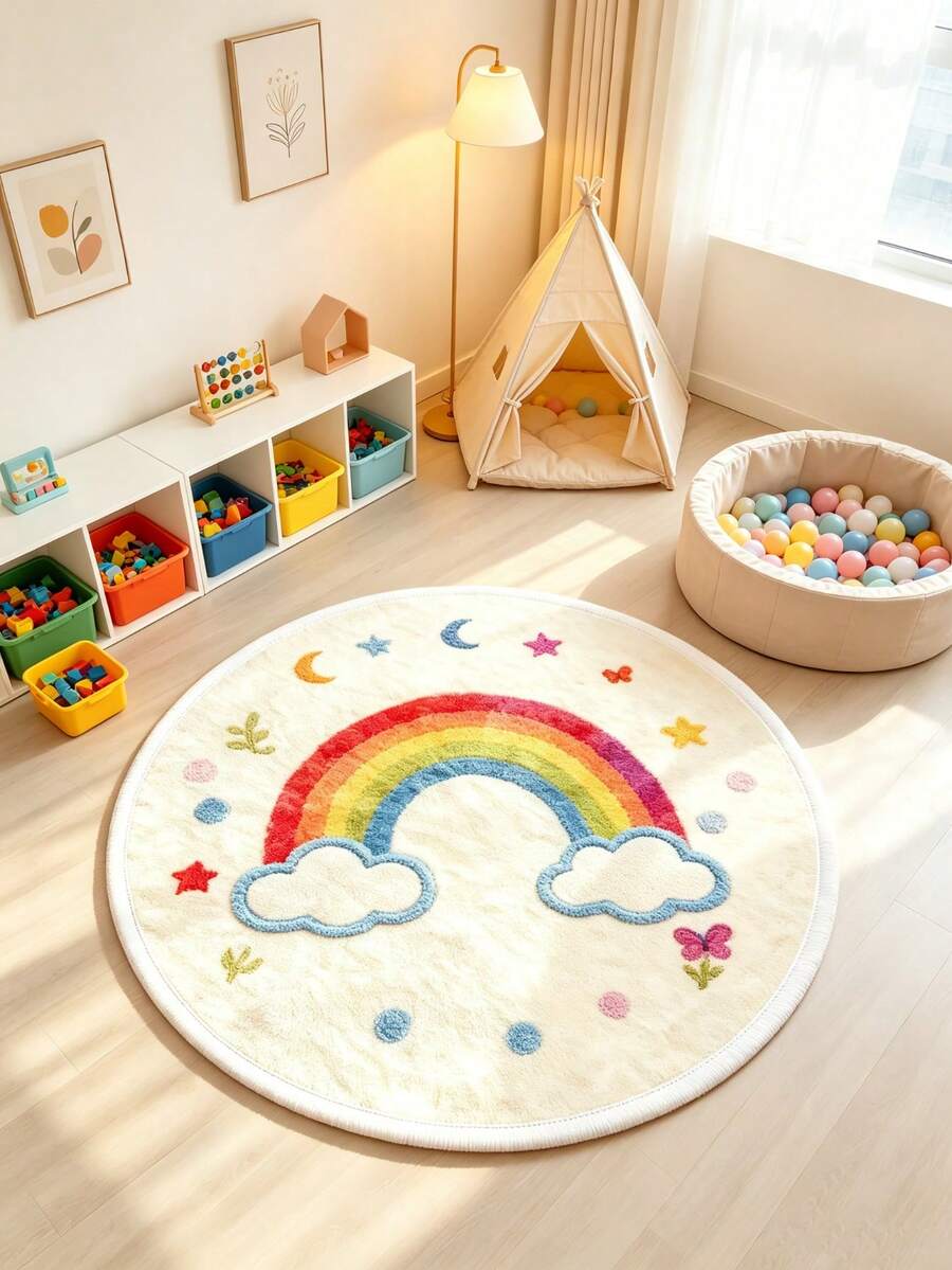 1pc, Cartoon City Road Round Rug, Sweet Rainbow Round Rug, Pink Heart Colorful Polka Dot Modern Round Area Rug, Educational Game Mat, Decorative Rug, Modern Round Area Rug, Pattern, Rug, Bedroom Decor, Small Rug, Rug, Home Decor, Living Room Rug, Living Room Small Rug, Bedroom Rug, Living Room Home Decor, Washable Rug, Plush Rug, Thickened Rug, Thick Rug, Fuzzy Rug, Fluffy Rug, Autumn/Winter Rug, Thickened/Plush