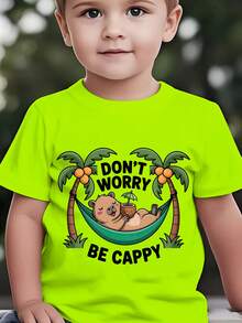 Fashionable Short-Sleeved T-Shirt For Children In Summer With The Print "DON'T WORRY BE CAPPY" And A Cartoon Capybara Lying In A Green Hammock Among Coconut Trees, Casual Top For E - 紅色 - 查看 8
