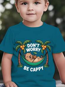 Fashionable Short-Sleeved T-Shirt For Children In Summer With The Print "DON'T WORRY BE CAPPY" And A Cartoon Capybara Lying In A Green Hammock Among Coconut Trees, Casual Top For E - 紅色 - 查看 9